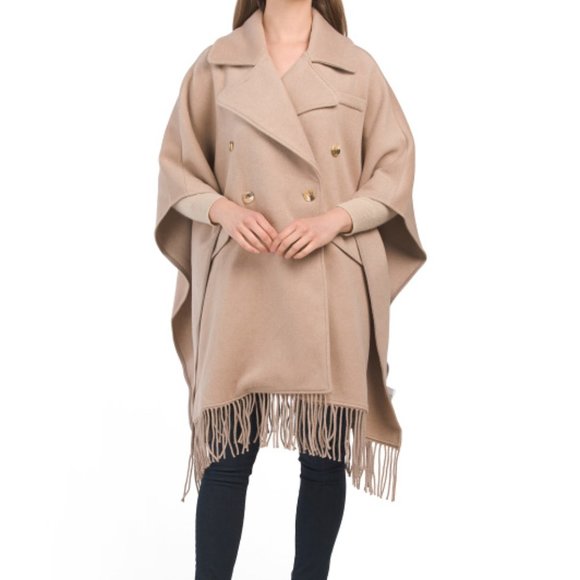 NEW BADGLEY MISCHKA Fringe Trim Caped Coat wool/viscose blend Camel color 864tn - Picture 1 of 2